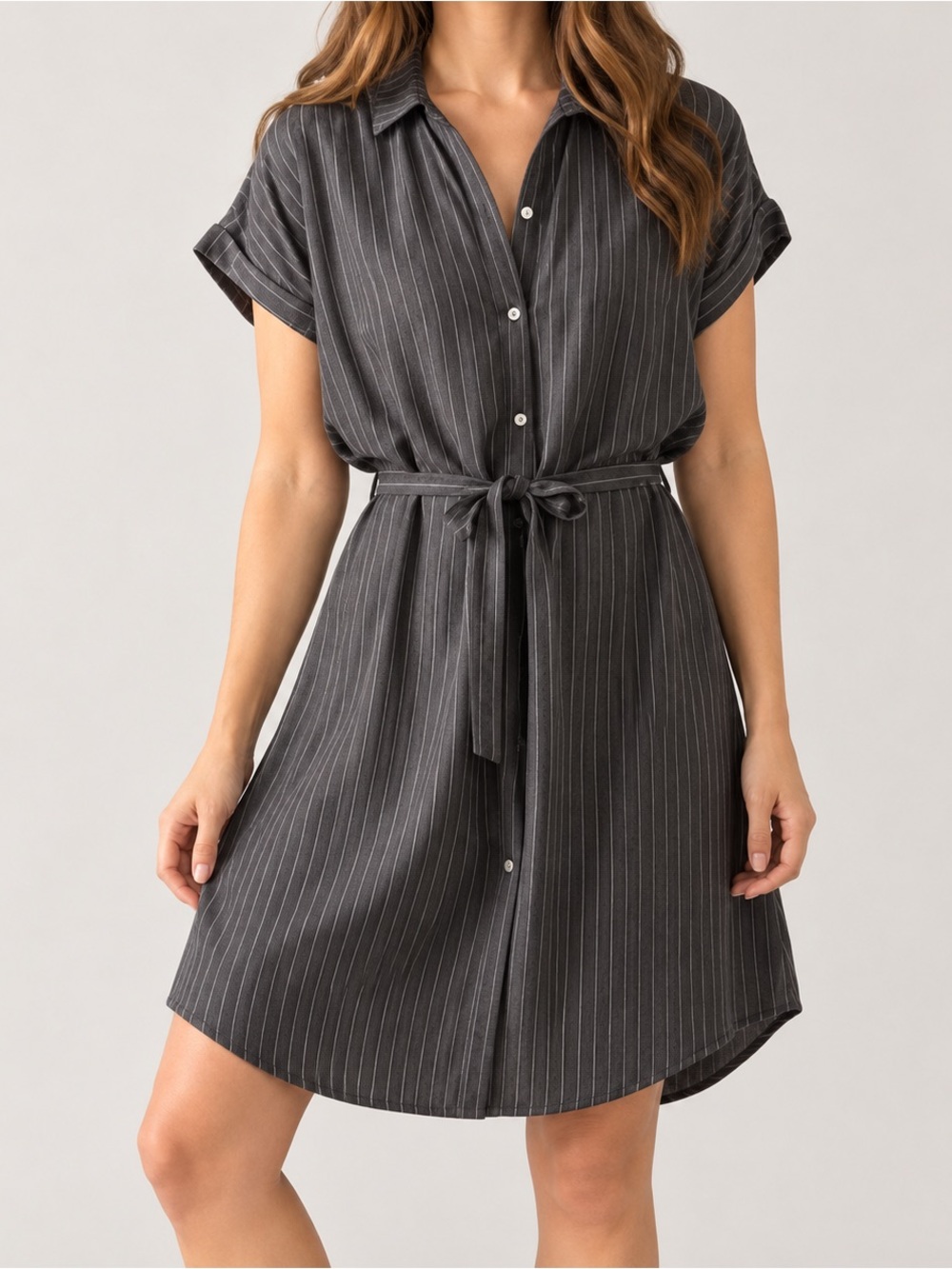 Agnes & Dora Cuff Sleeve Shirt Dress NWT Gray Navy Pinstripe Belted Collared XXS